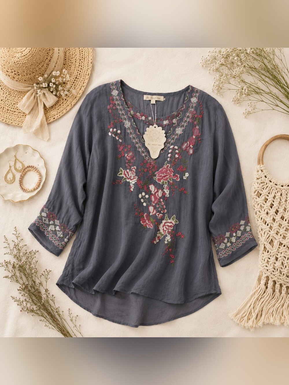 NWT Boho Embroidered Sheer Romantic Floral BLUEGRAY L Sleeve Shirt. Ladies L